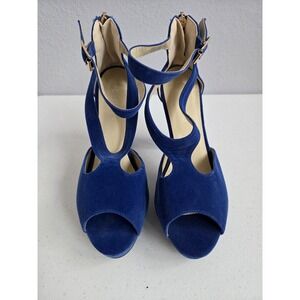 Gatuxus Women's Size 8.5 Royal Blue Velvet Platform Heels with‎ Ankle Strap
